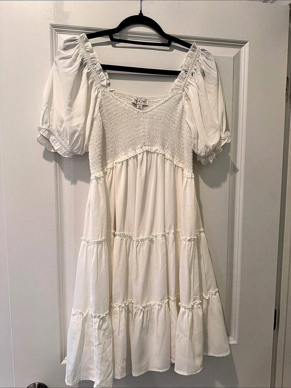 She & Sky Tiered Puff Sleeve Maternity Mini Dress in White Size Medium Like New
